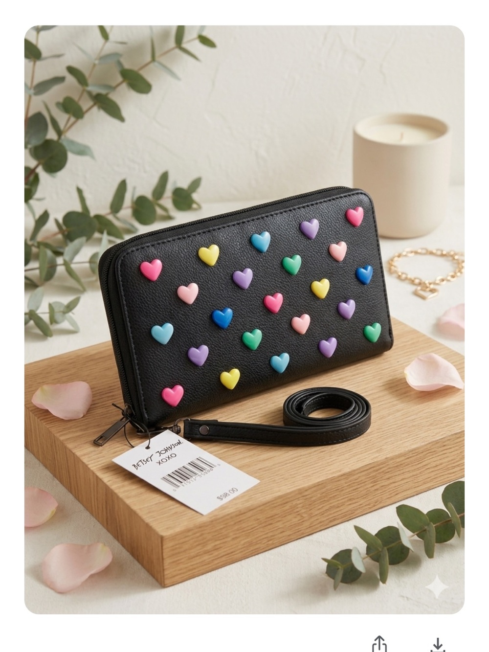 NWT Betsey Johnson Kidcore Y3K Rainbow Heart Studded Wristlet Dopamine  3 D